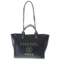 Chanel Deauville MM Chain Tote Shoulder Bag Black Caviar Leather Silver