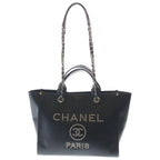 Chanel Deauville MM Chain Tote Shoulder Bag Black Caviar Leather Silver