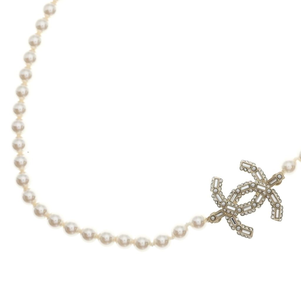 Chanel CC Logo Double Strand Fakepearl Long Necklace White Gold