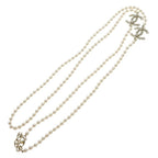Chanel CC Logo Double Strand Fakepearl Long Necklace White Gold — view 2