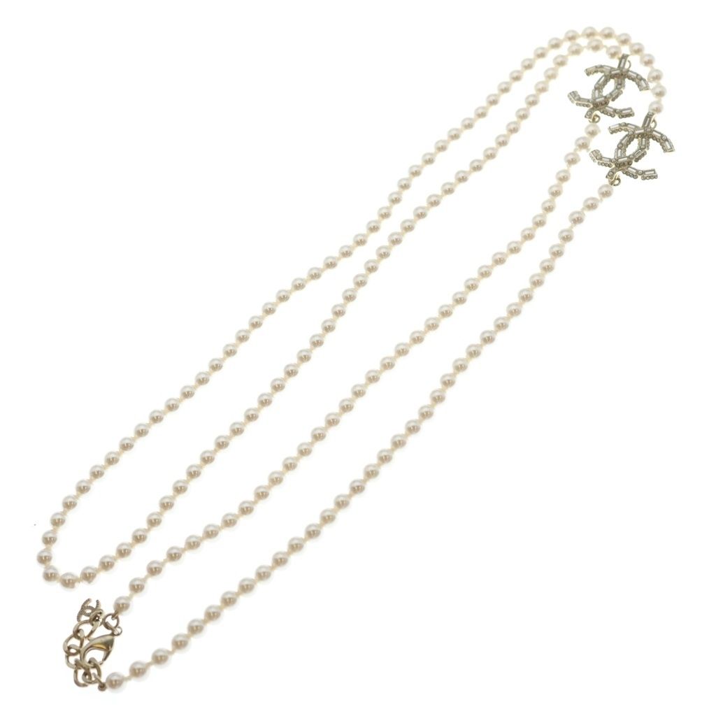 Chanel CC Logo Double Strand Fakepearl Long Necklace White Gold — view 2