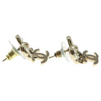 Chanel CC Logo Rhinestone Ribbon Earrings White Gold — view 4