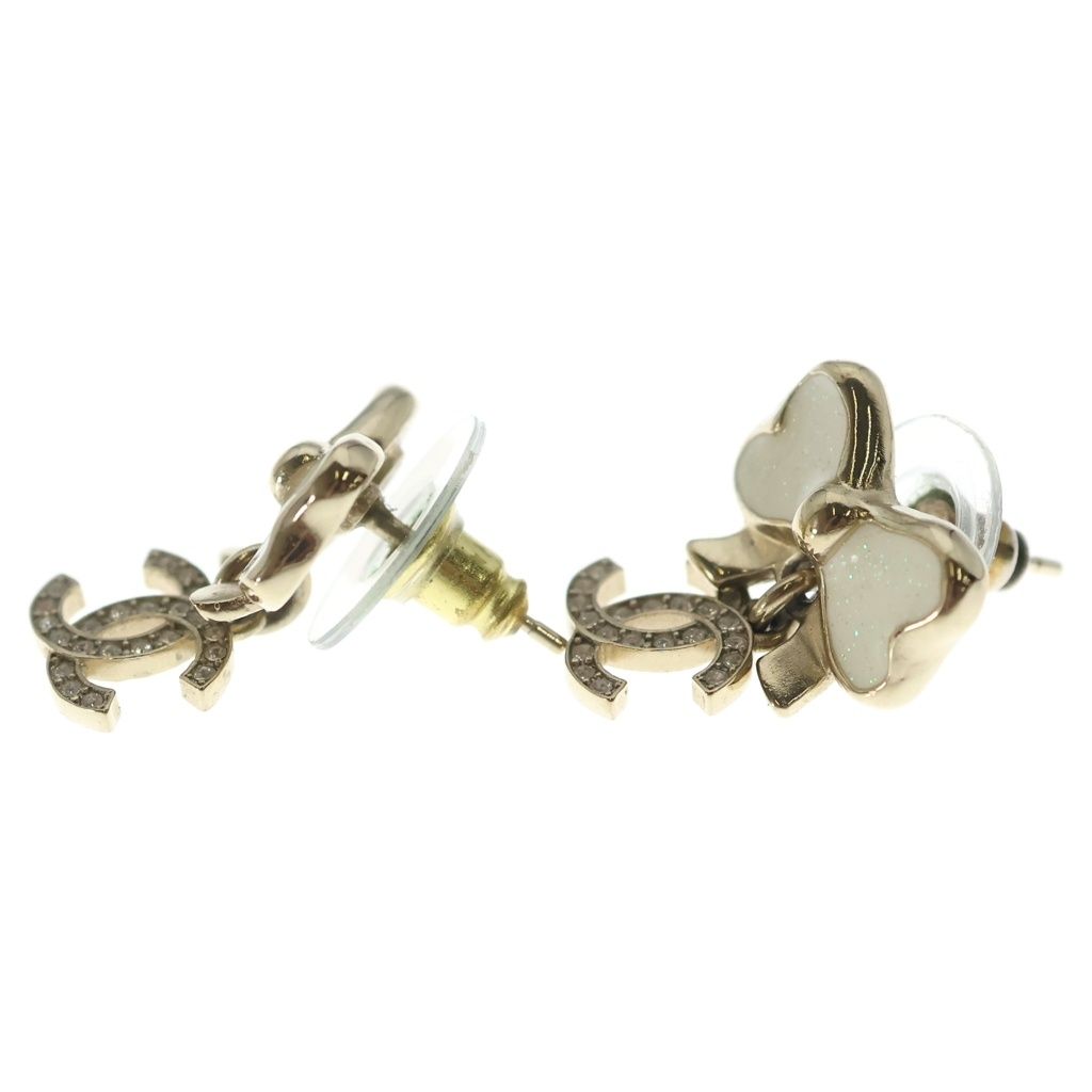 Chanel CC Logo Rhinestone Ribbon Earrings White Gold — view 3