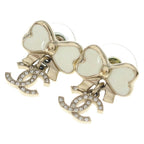 Chanel CC Logo Rhinestone Ribbon Earrings White Gold