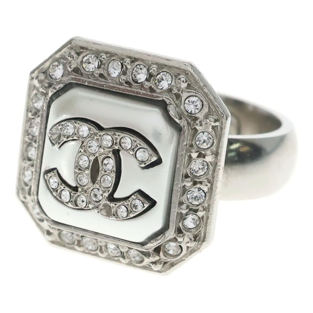 Chanel Ring CC Logo Rhinestone Silver