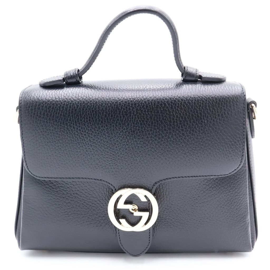 Gucci Interlocking 2-Way Shoulder Bag Black Leather Gold