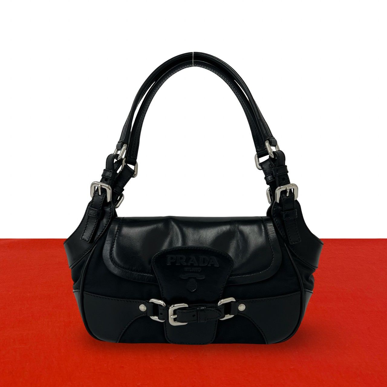 Prada Leather Tessuto One Shoulder Bag Mini Black