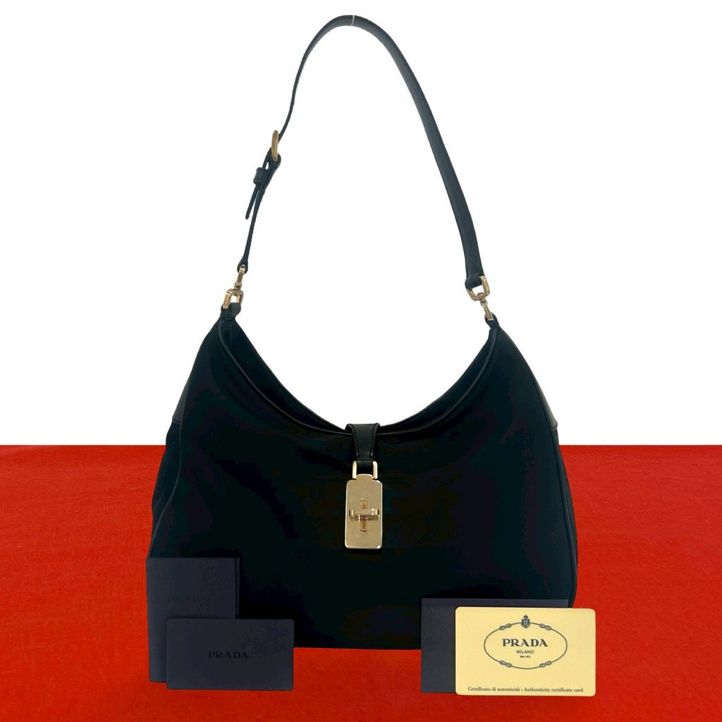 Prada Logo Tessuto Nylon Leather Shoulder Bag Black