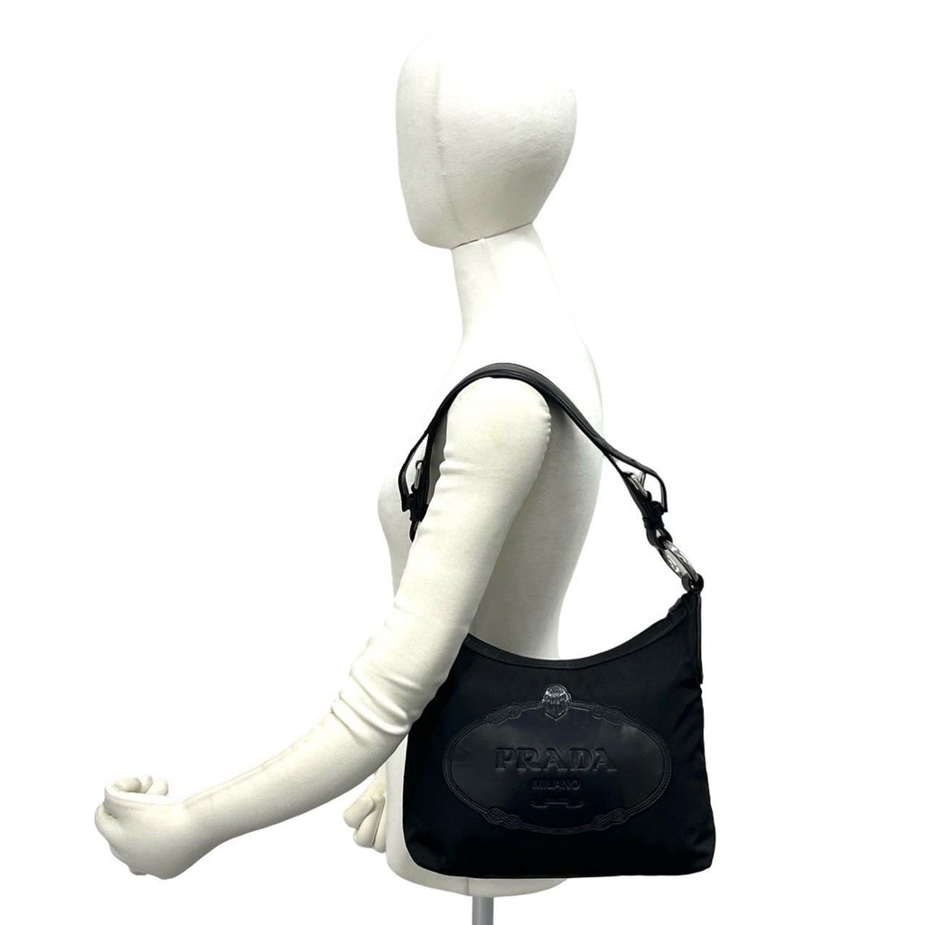 Prada Log Nylon Leather Shoulder Bag Tote Black — view 2