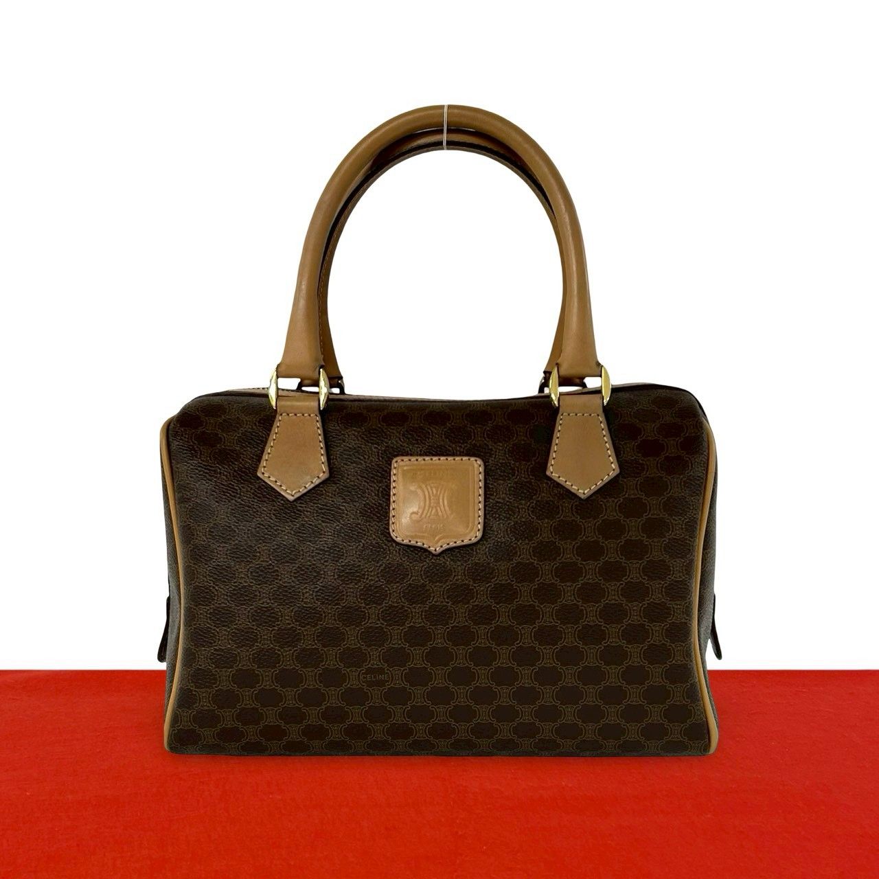 Celine Vintage Macadam Blason Logo Pattern Leather Mini Boston Bag Brown