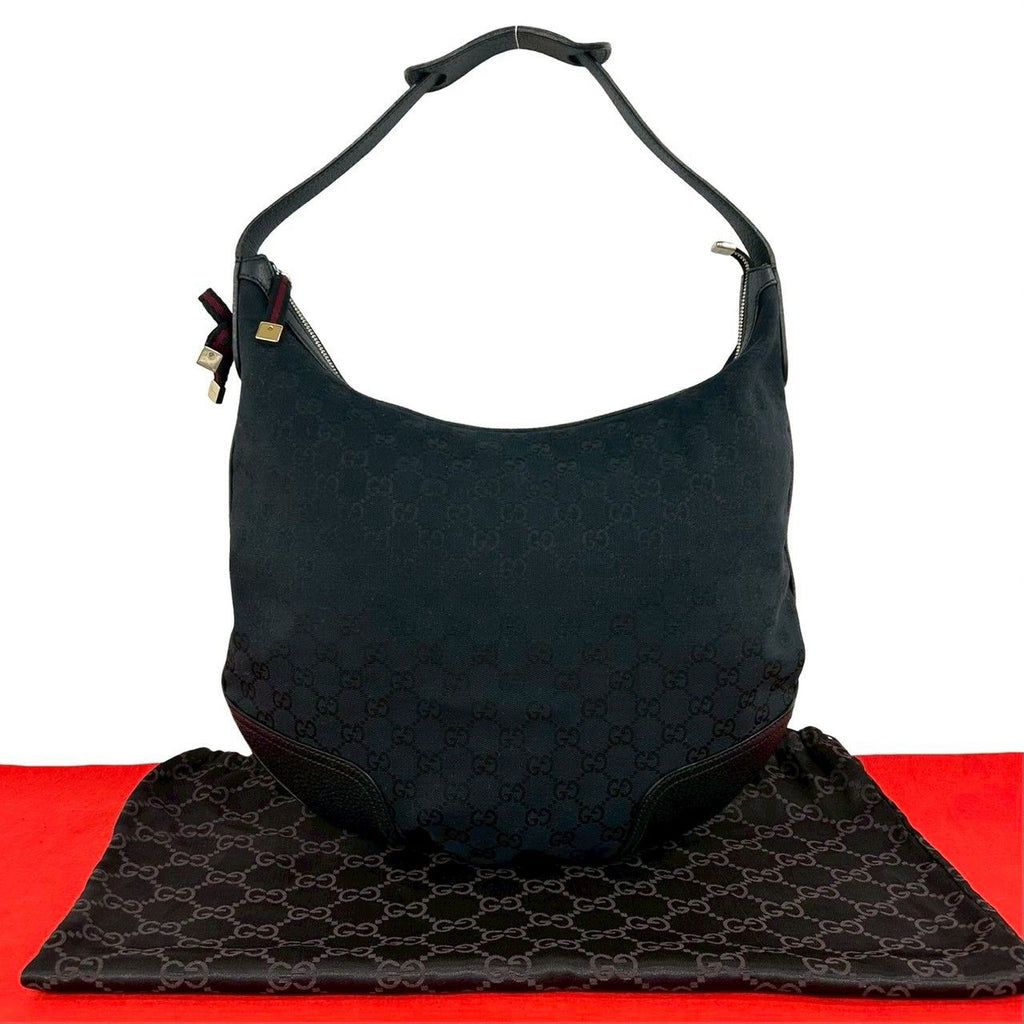Gucci Prince Sherry Line GG Pattern Canvas Leather Hobo Shoulder Bag Navy