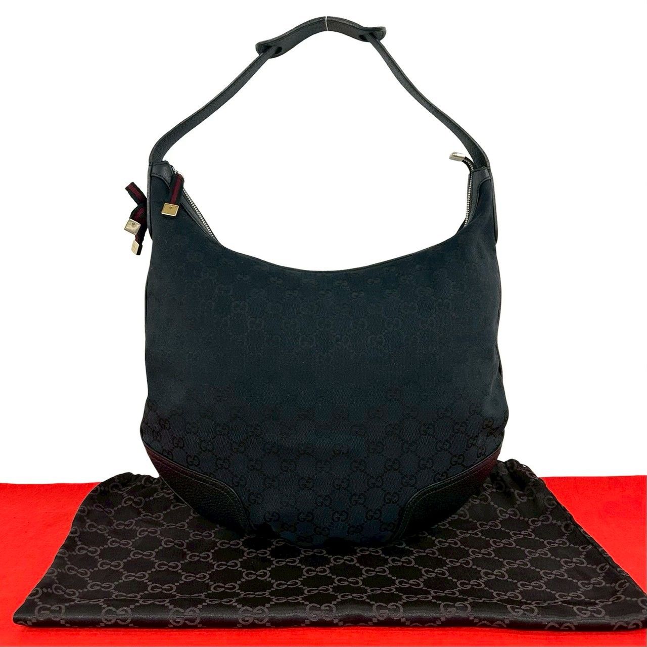 Gucci Prince Sherry Line GG Pattern Canvas Leather Hobo Shoulder Bag Navy