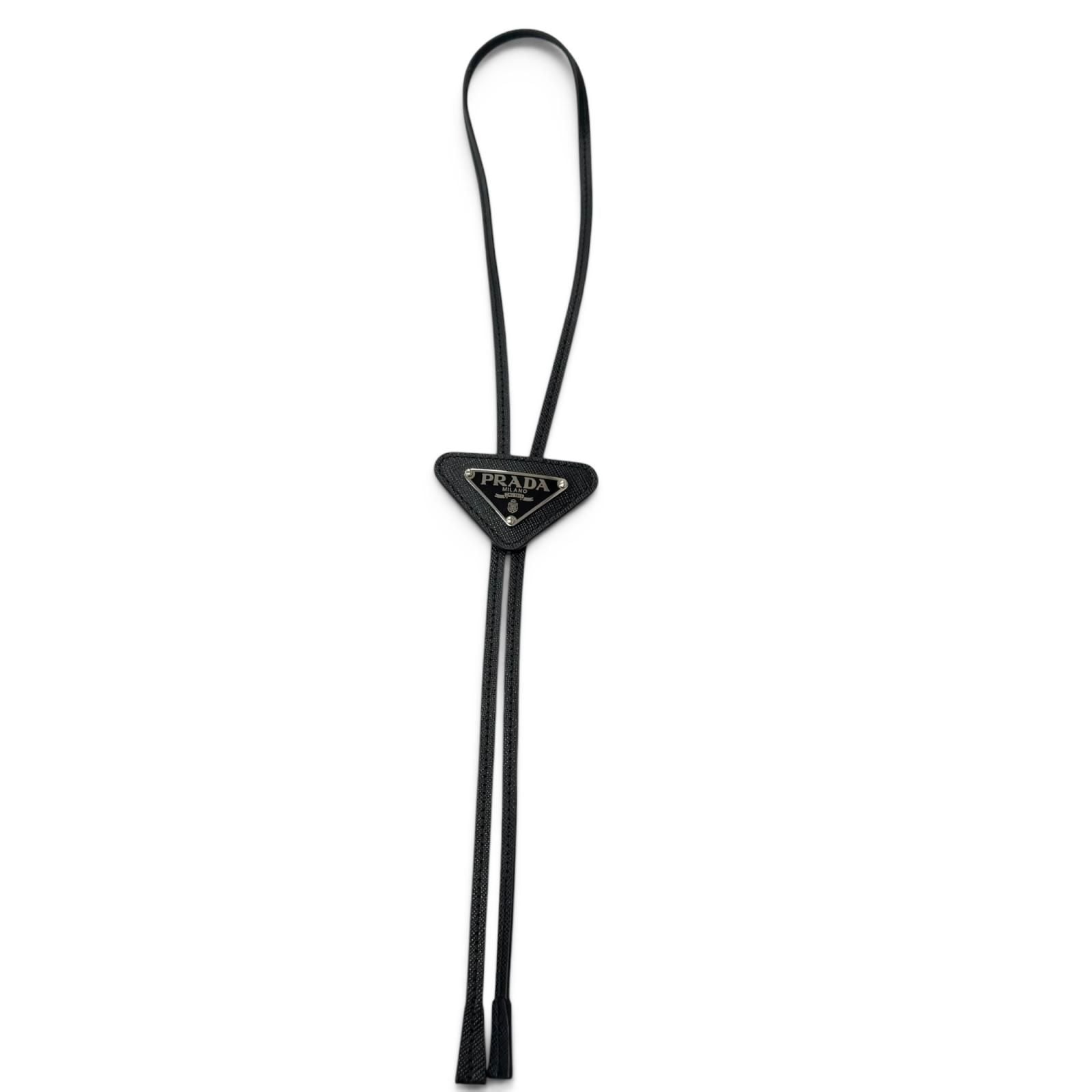 Prada Saffiano Leather Triangle Logo Plate Bolo Tie Loop Tie Black