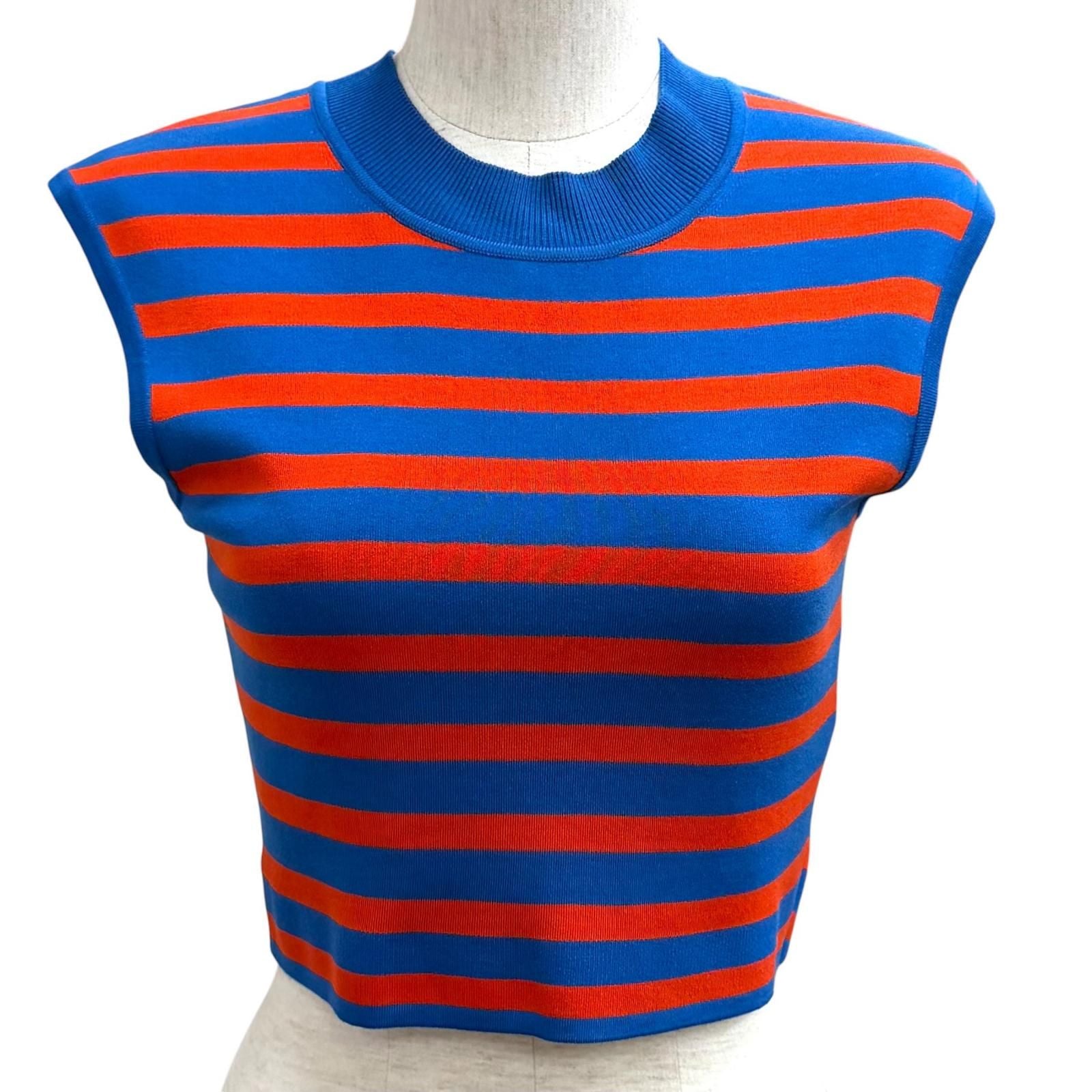 Hermes Silk Blend Border Sleeveless Mock Neck Knit Blue Orange 38