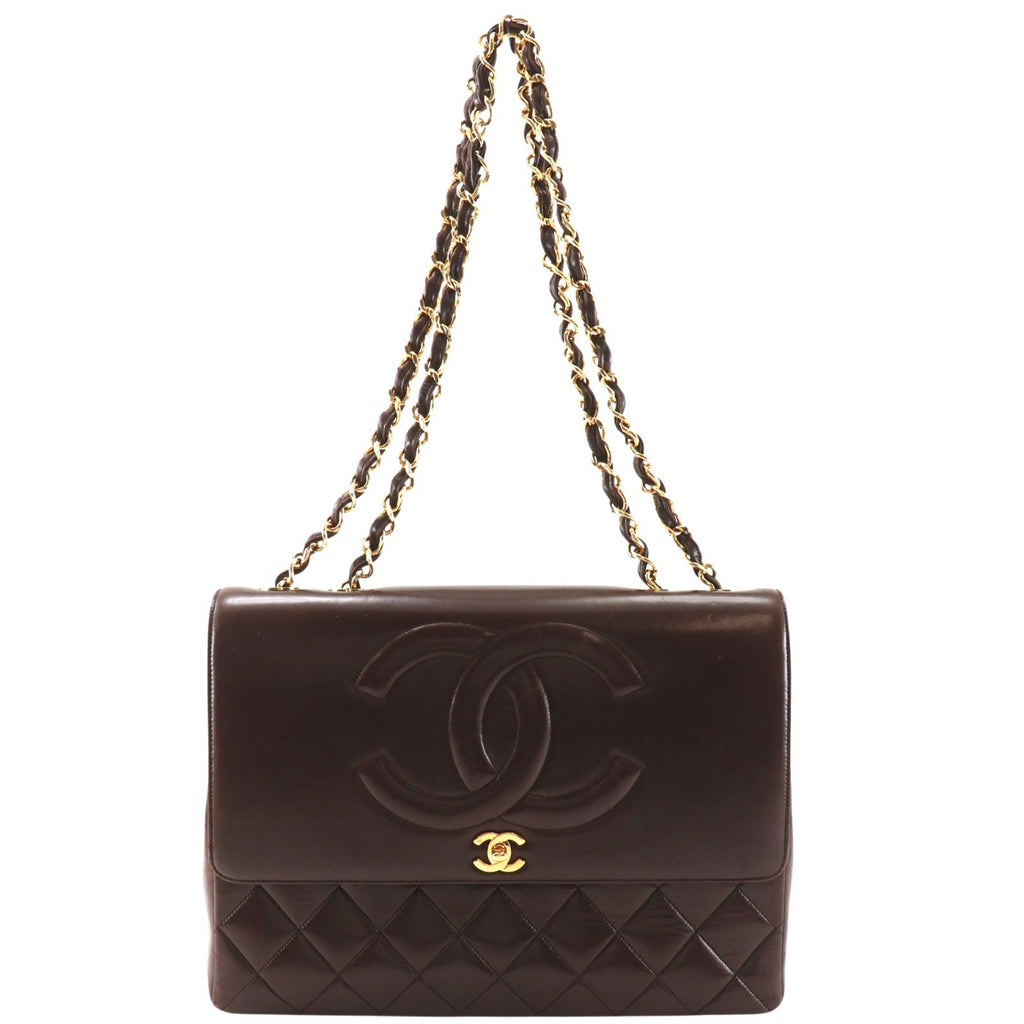 Chanel Maxi Quilted 34 Chain Shoulder CC Logo Lambskin Brown