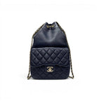 Chanel Backpack Navy Gold Quilted CC Logo Turnlock Chain