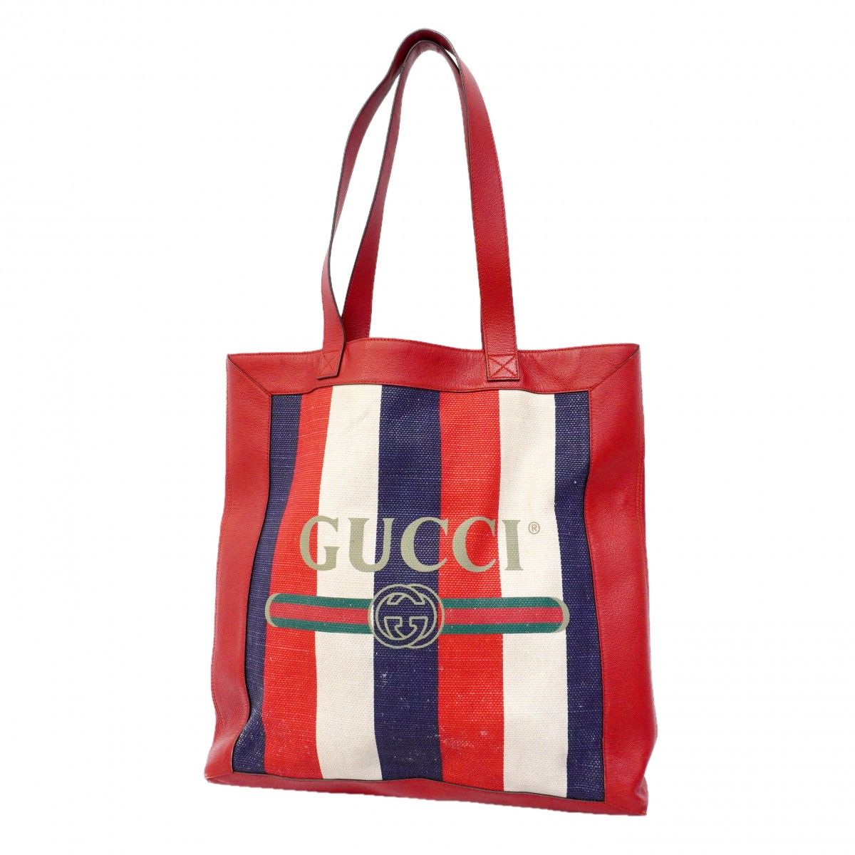 Gucci Tote Canvas Leather Red Navy Gold