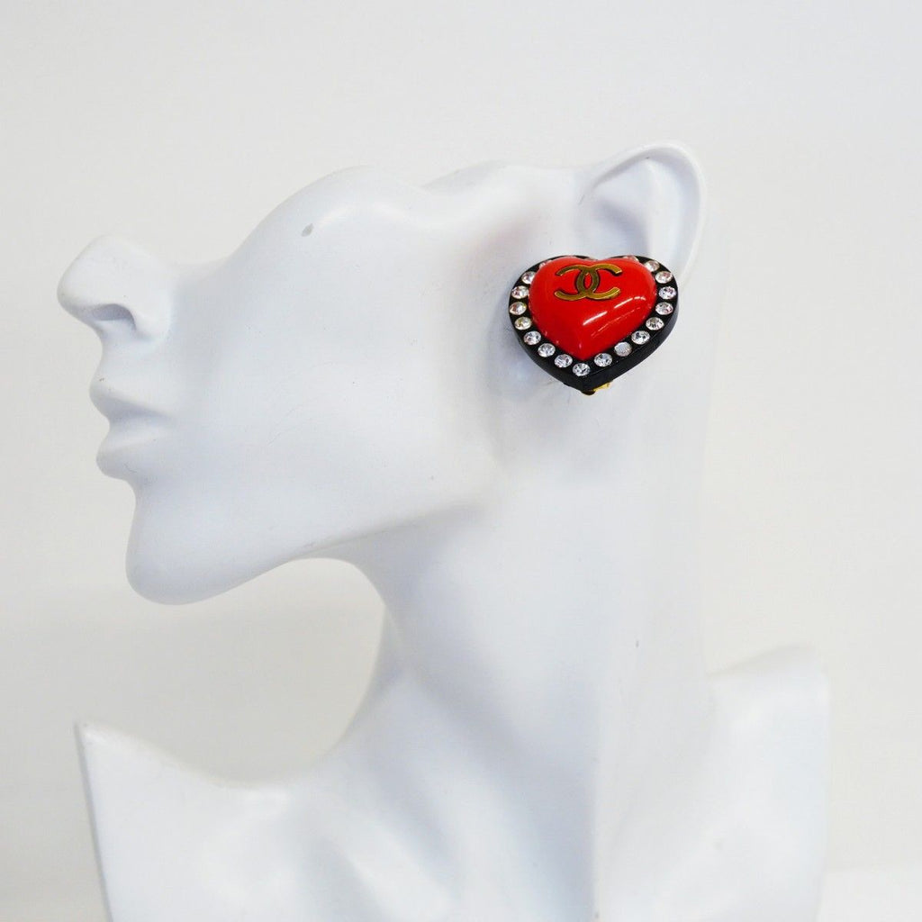 Chanel Earrings Vintage CC Logo Gold Plated Plastic Rhinestone Black — view 5