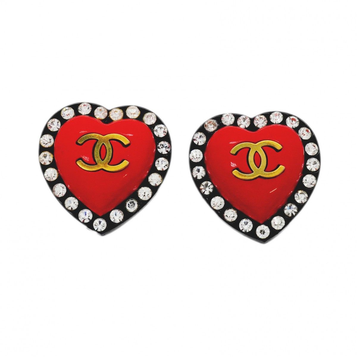 Chanel Earrings Vintage CC Logo Gold Plated Plastic Rhinestone Black
