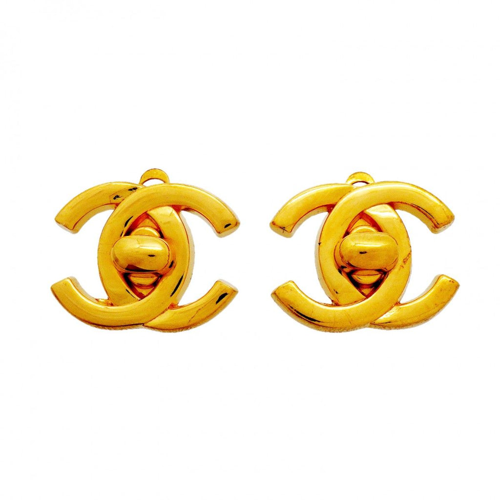 Chanel Earrings Vintage CC Logo Turnlock Gold Plated