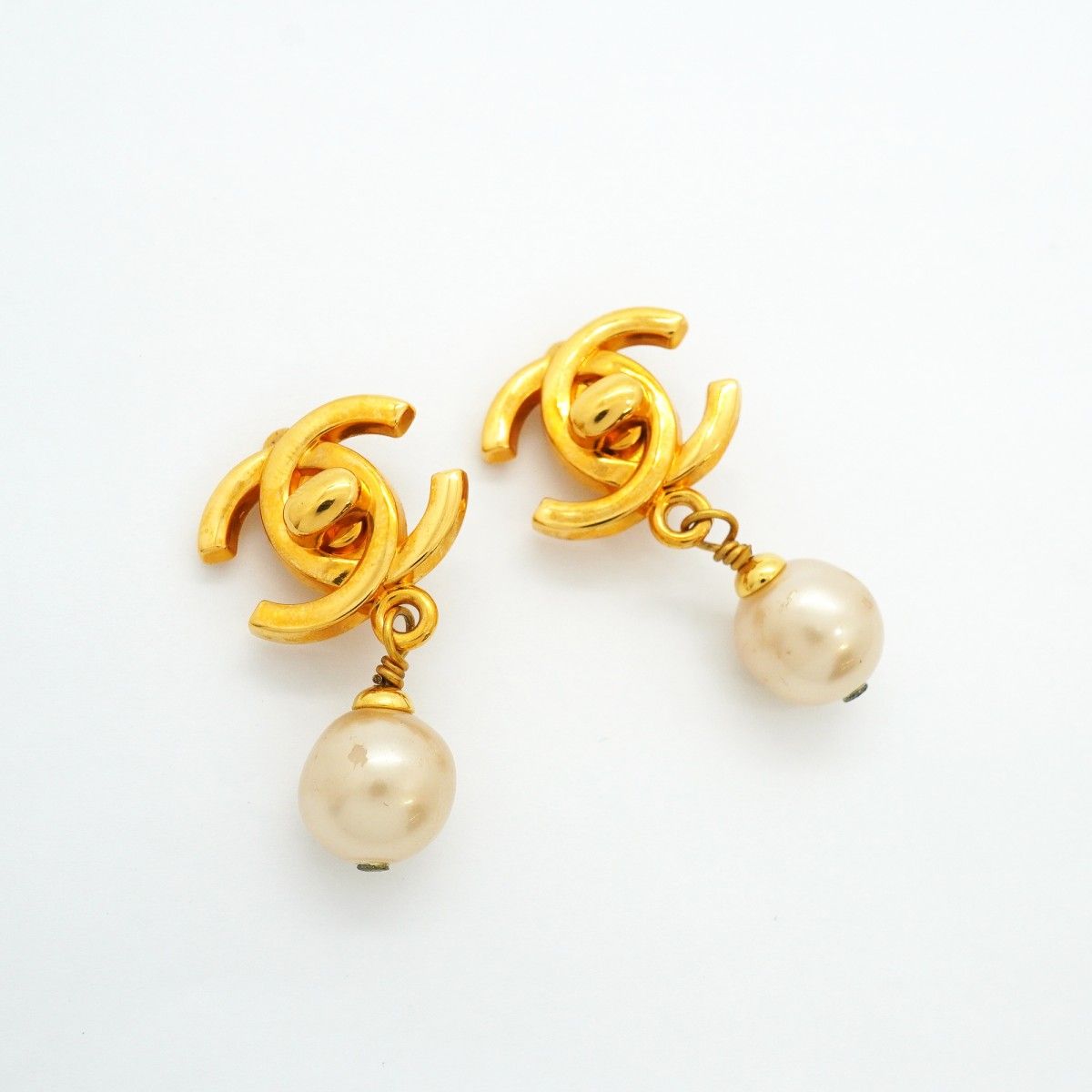 Chanel Earrings Vintage CC Logo Turnlock Gold Plated Faux Pearl — view 2