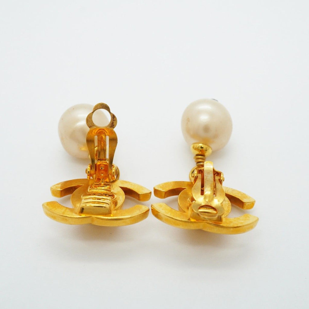 Chanel Earrings Vintage CC Logo Turnlock Gold Plated Faux Pearl — view 3