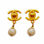 Chanel Earrings Vintage CC Logo Turnlock Gold Plated Faux Pearl