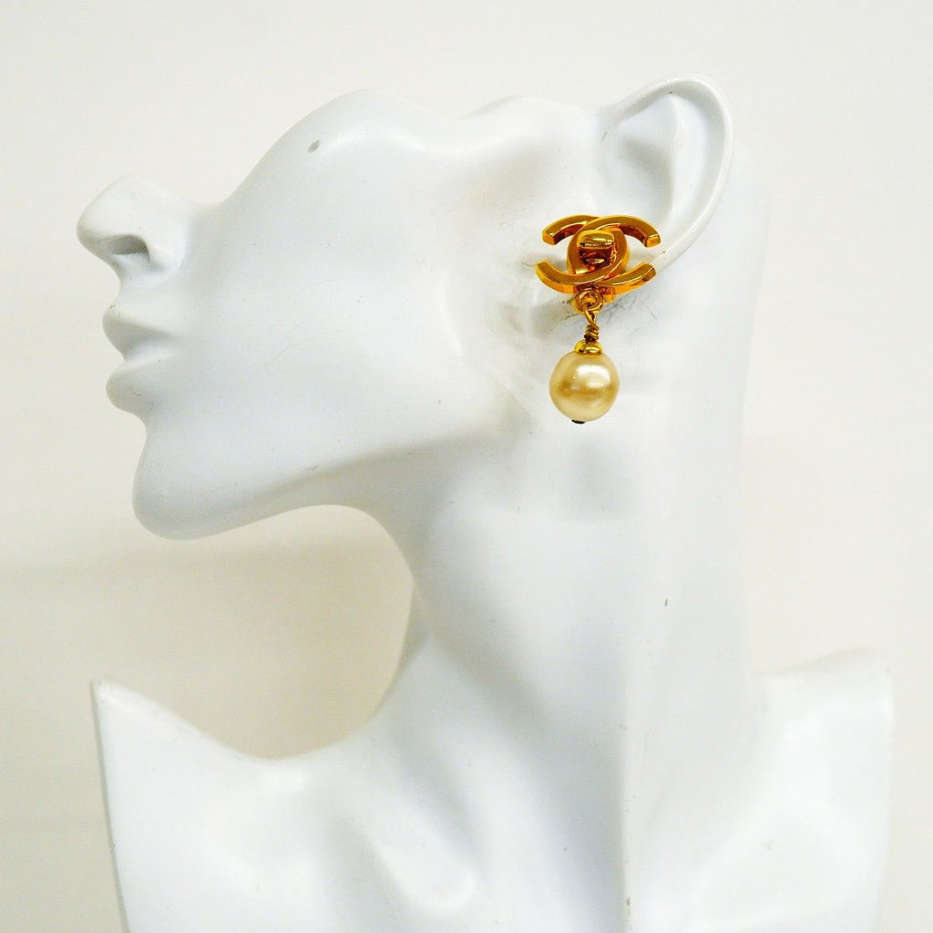 Chanel Earrings Vintage CC Logo Turnlock Gold Plated Faux Pearl — view 5