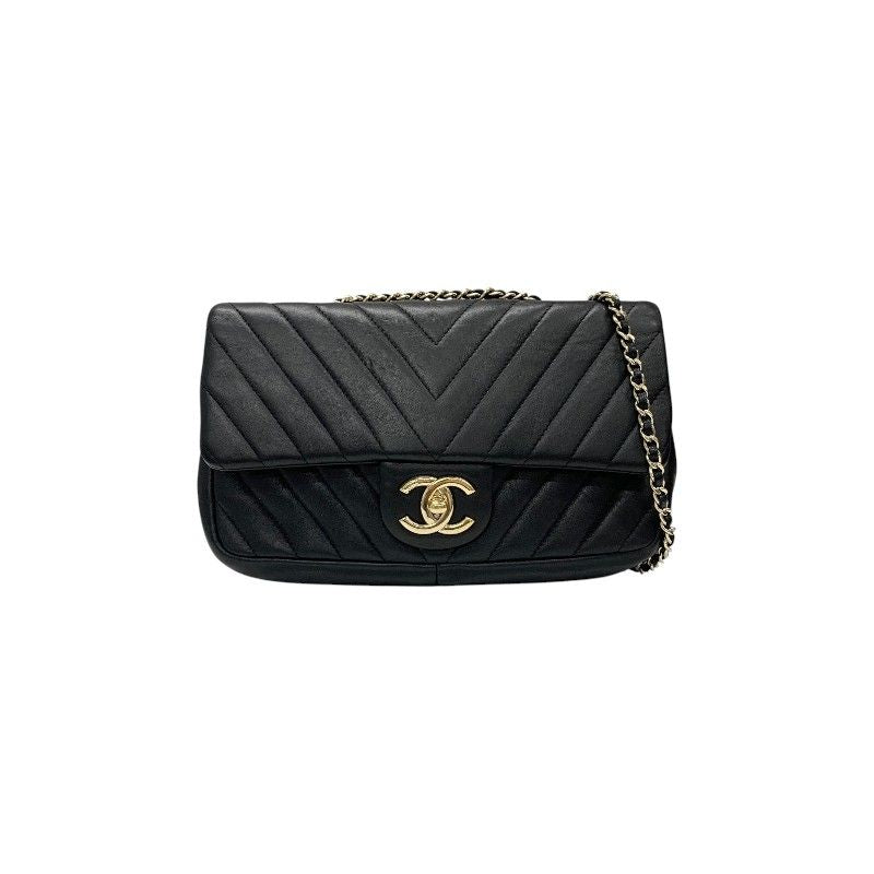 Chanel Shoulder Bag Black Gold Chez Blanc CC Logo Stitch Double Chain Turnlock