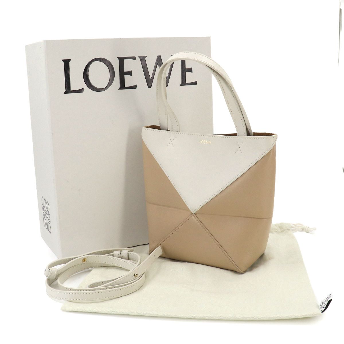 Loewe Puzzle Fo Tote Mini 2-Way Shoulder Bag Leather Beige White Fold — view 2