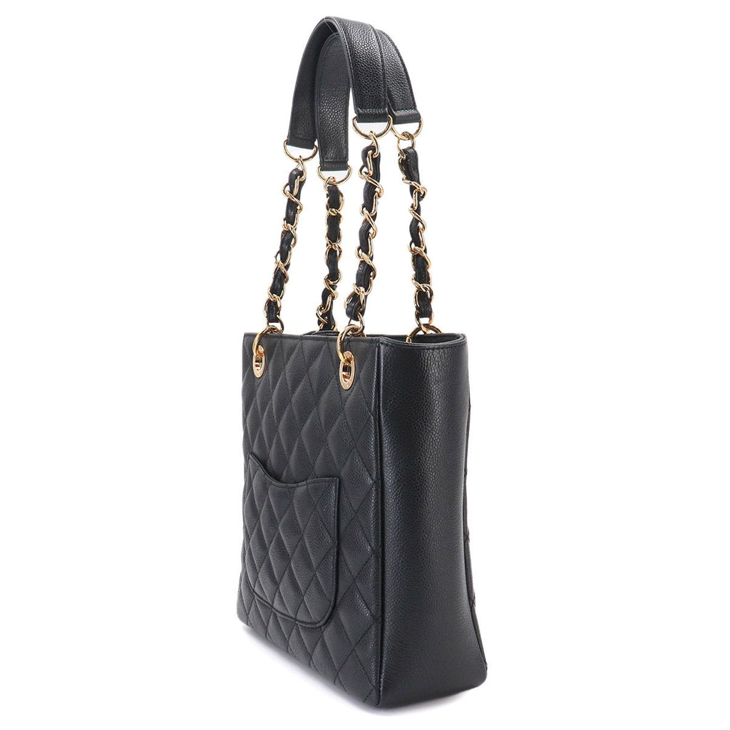 Chanel Quilted Petite Shopping Tote PST Chain Caviar Leather Black Gold — view 4
