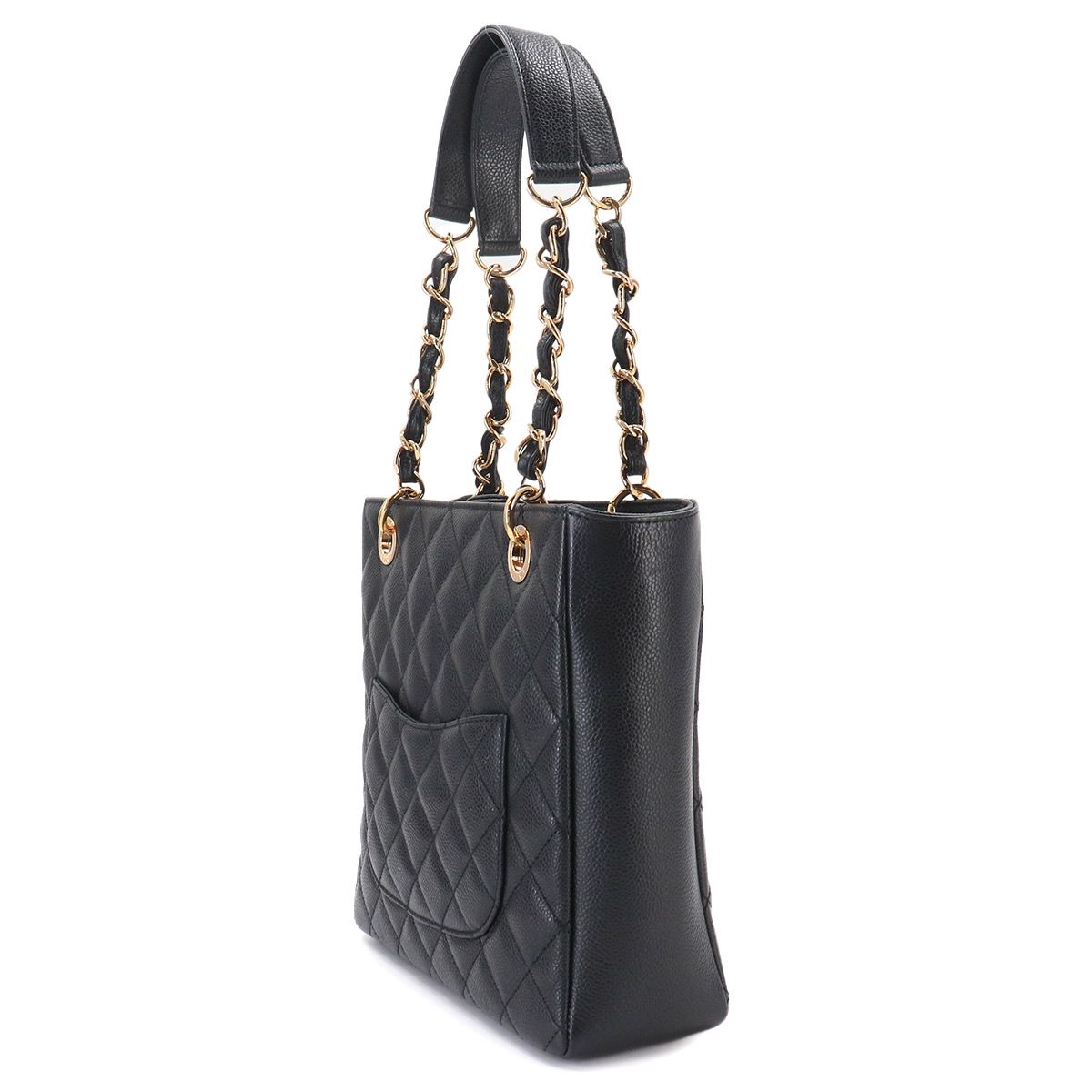 Chanel Quilted Petite Shopping Tote PST Chain Caviar Leather Black Gold — view 4