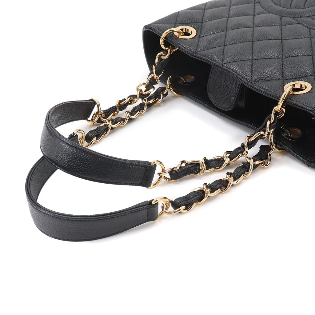 Chanel Quilted Petite Shopping Tote PST Chain Caviar Leather Black Gold — view 6