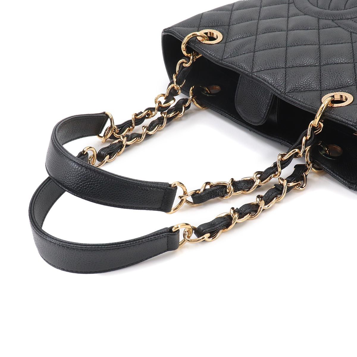 Chanel Quilted Petite Shopping Tote PST Chain Caviar Leather Black Gold — view 6