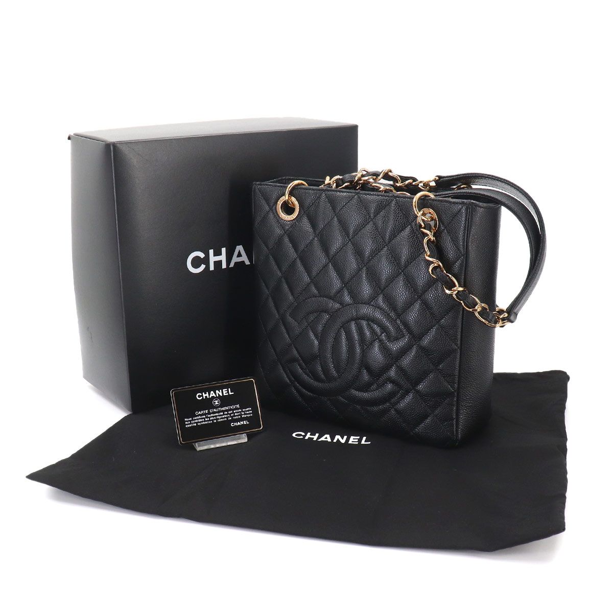 Chanel Quilted Petite Shopping Tote PST Chain Caviar Leather Black Gold — view 2