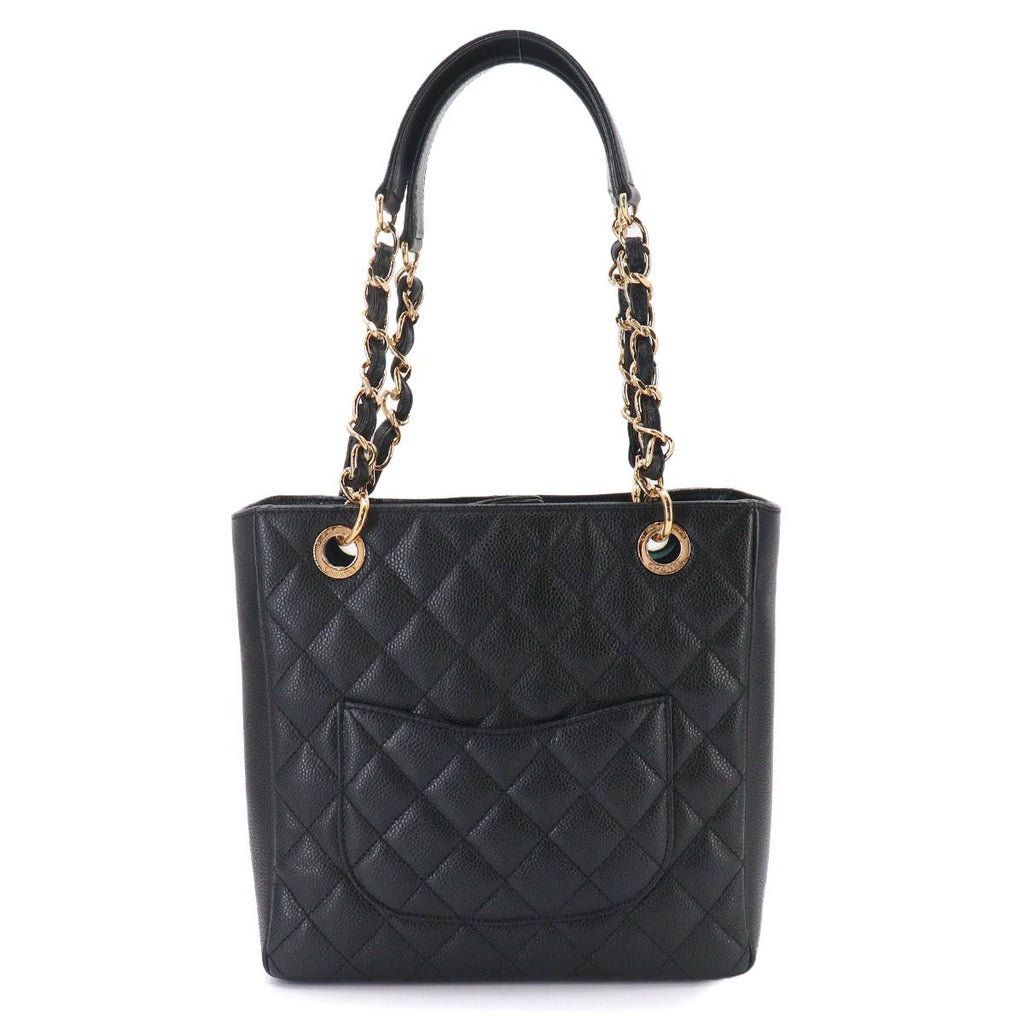 Chanel Quilted Petite Shopping Tote PST Chain Caviar Leather Black Gold — view 3