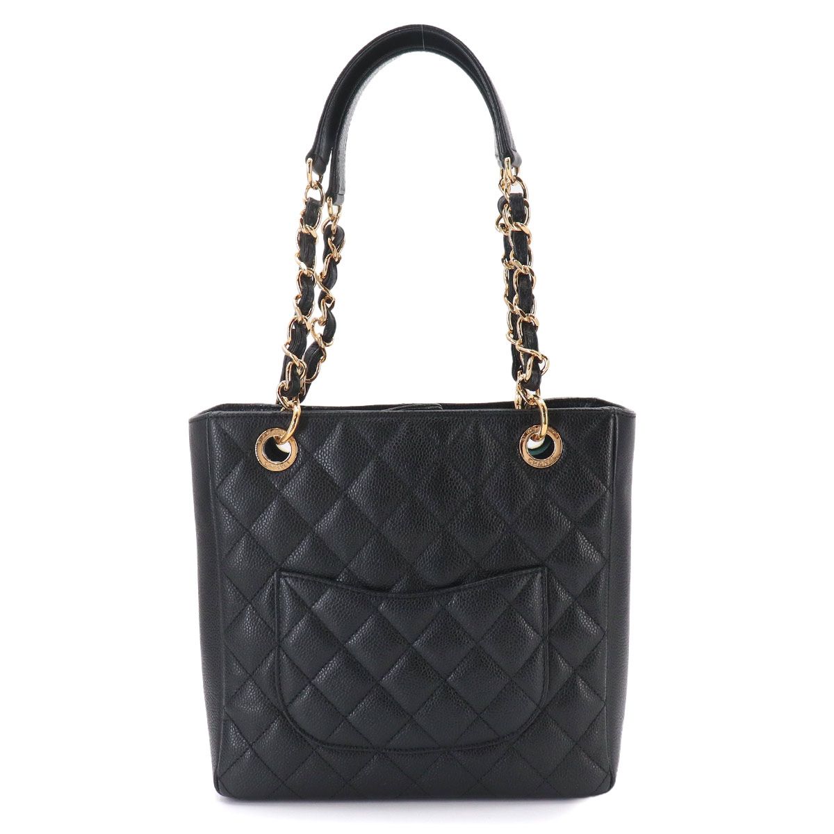 Chanel Quilted Petite Shopping Tote PST Chain Caviar Leather Black Gold — view 3