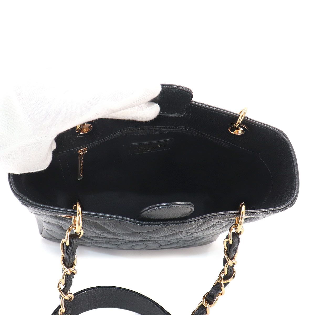 Chanel Quilted Petite Shopping Tote PST Chain Caviar Leather Black Gold — view 7