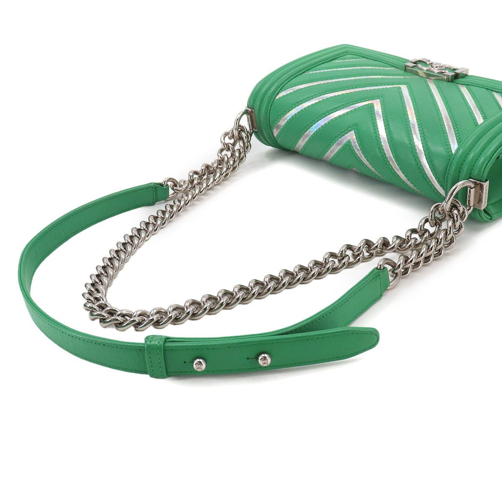 Chanel Boy Chain Shoulder Bag Lambskin Green Silver — view 5