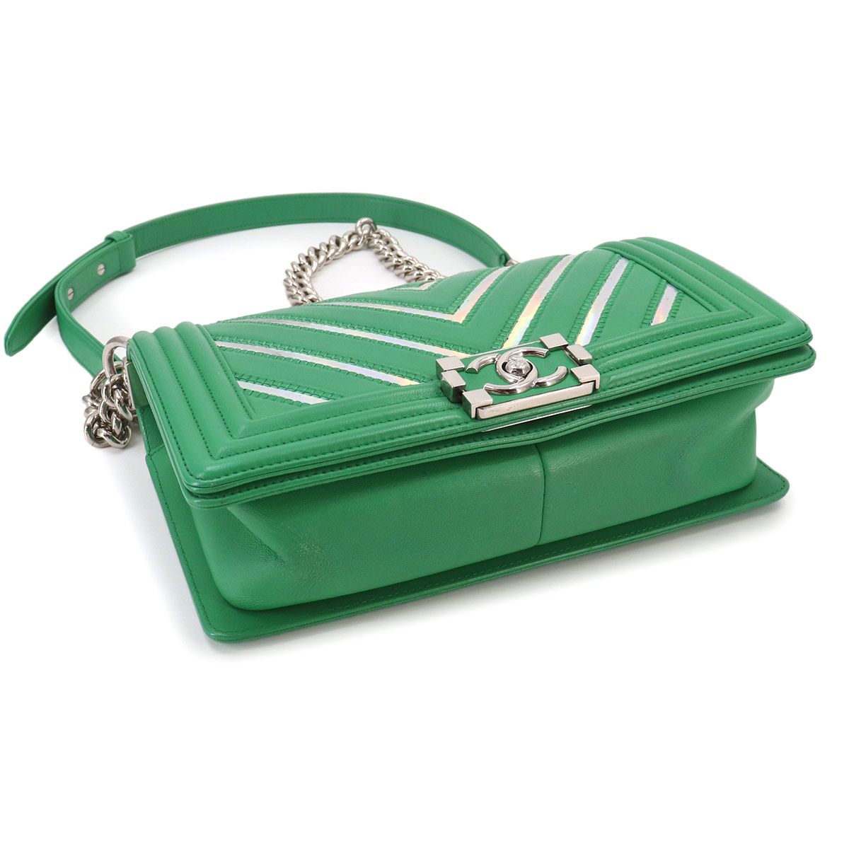 Chanel Boy Chain Shoulder Bag Lambskin Green Silver — view 4