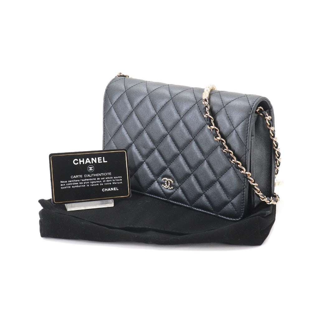 Chanel Quilted Chain Wallet Lambskin Metallicgray Gold Shoulder — view 2