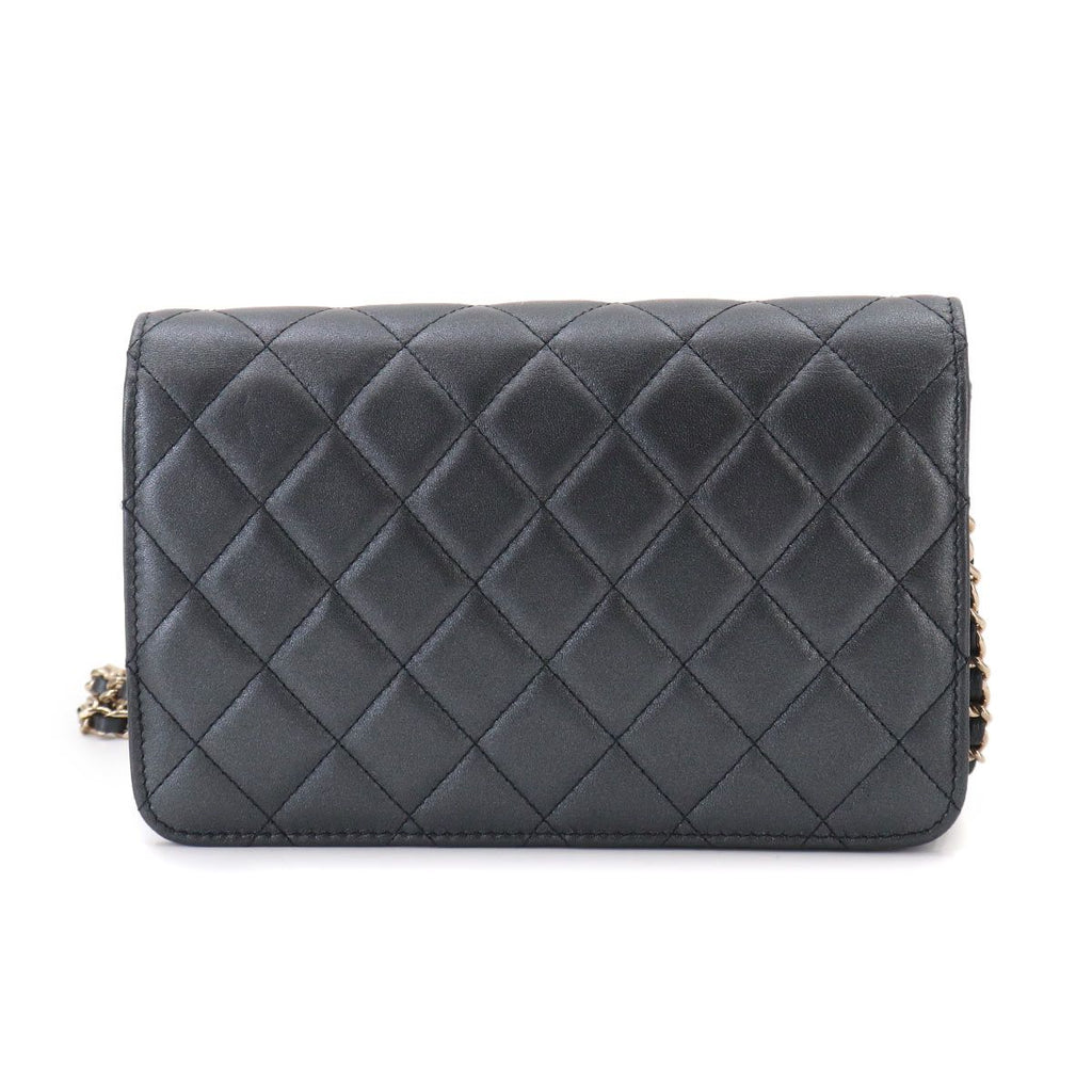 Chanel Quilted Chain Wallet Lambskin Metallicgray Gold Shoulder — view 3
