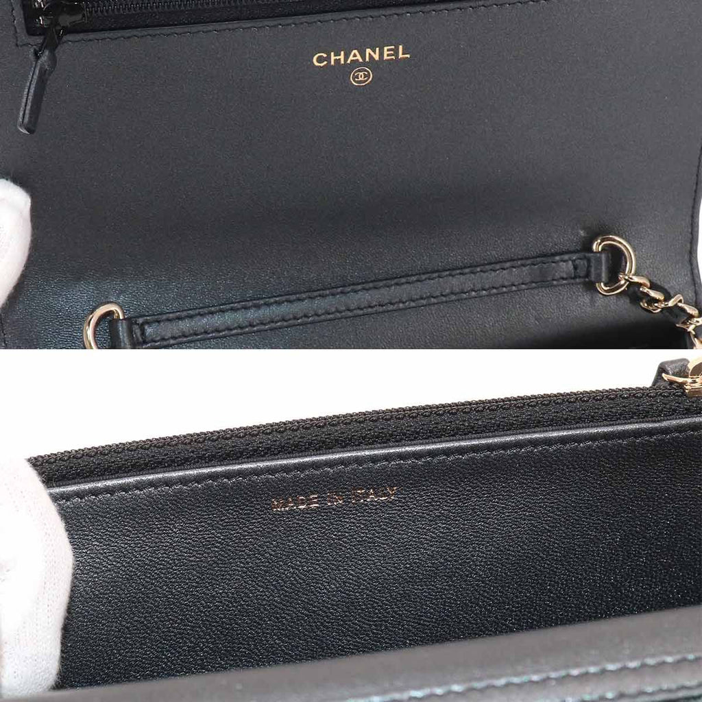 Chanel Quilted Chain Wallet Lambskin Metallicgray Gold Shoulder — view 8