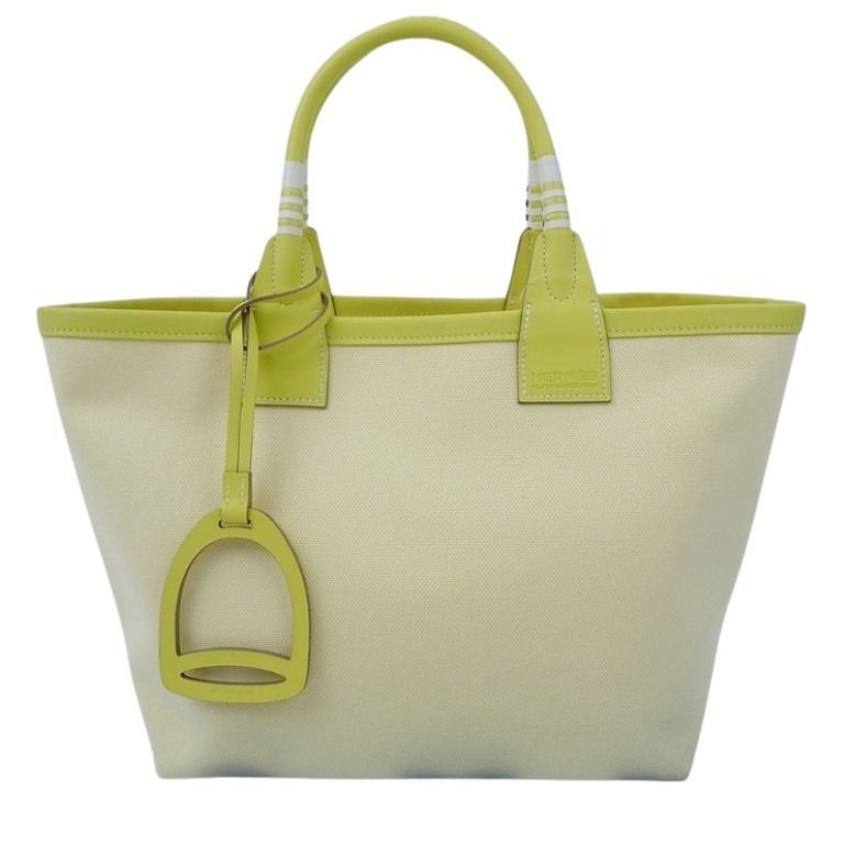 Hermes Handbag Steeple 25 Lime Toile Ash Leather