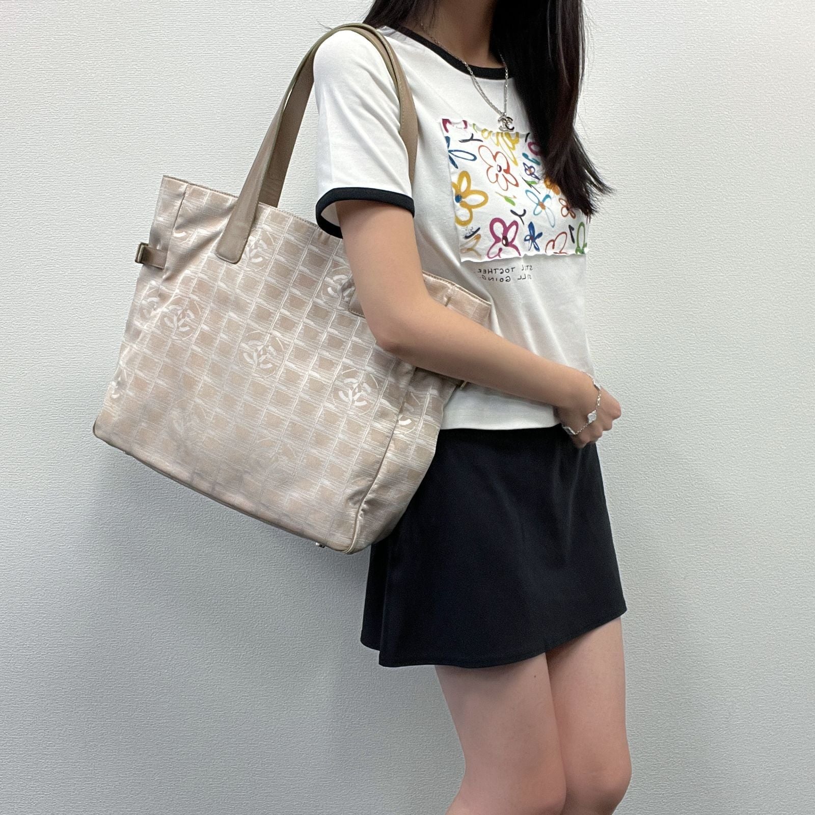 Chanel New Travel Line Tote MM Nylon Canvas Beige Gold Vintage