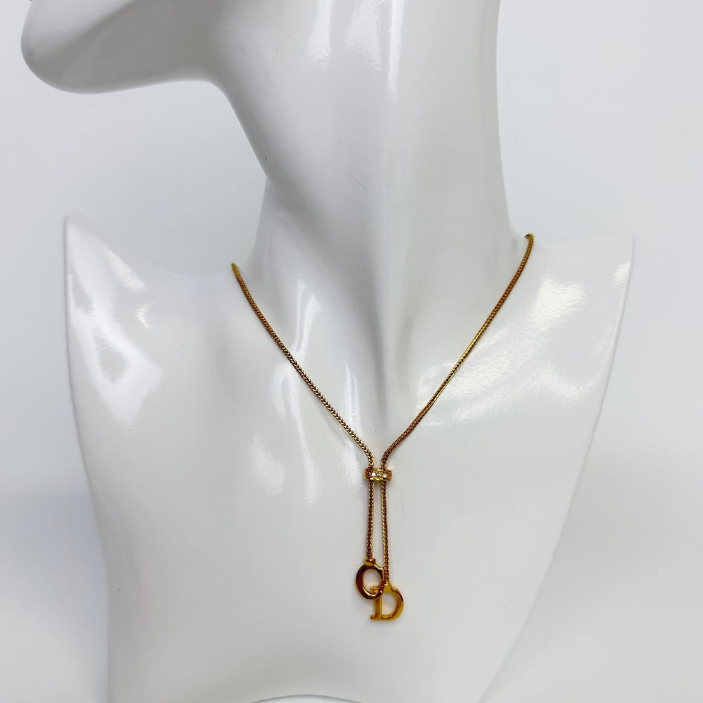 Dior CD Logo Lariat Necklace Plated Gold Vintage