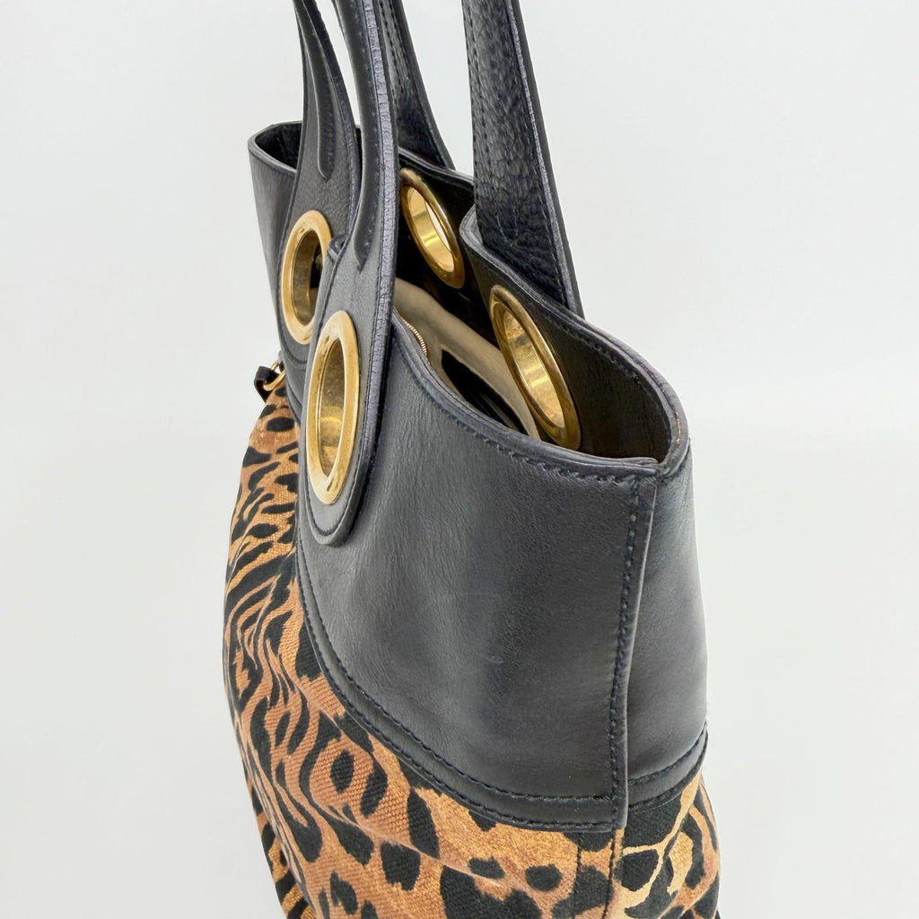 Saint Laurent Leopard Eyelet Handbag Calf Hair Leather Brown Black Gold Vintage — view 8