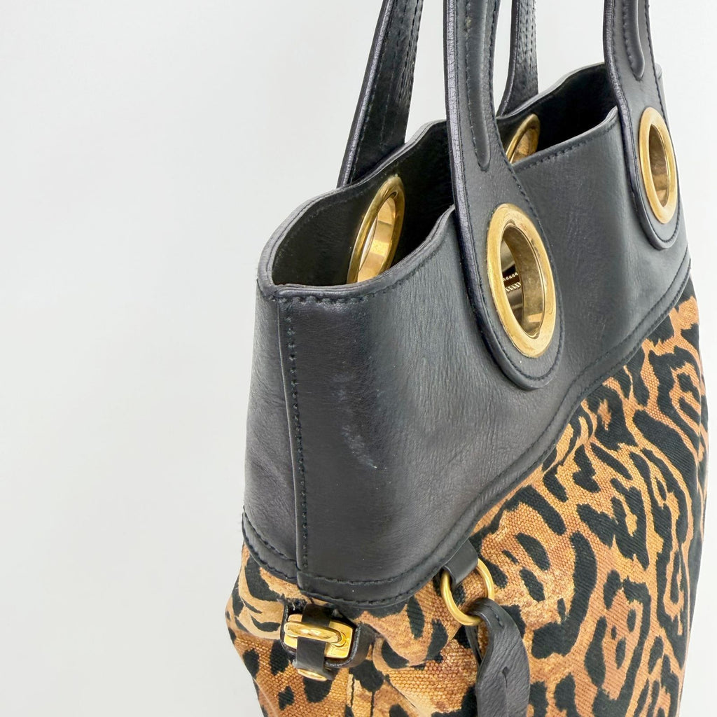 Saint Laurent Leopard Eyelet Handbag Calf Hair Leather Brown Black Gold Vintage — view 6