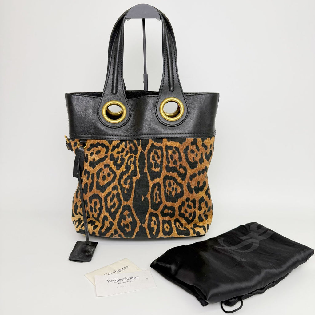 Saint Laurent Leopard Eyelet Handbag Calf Hair Leather Brown Black Gold Vintage — view 2