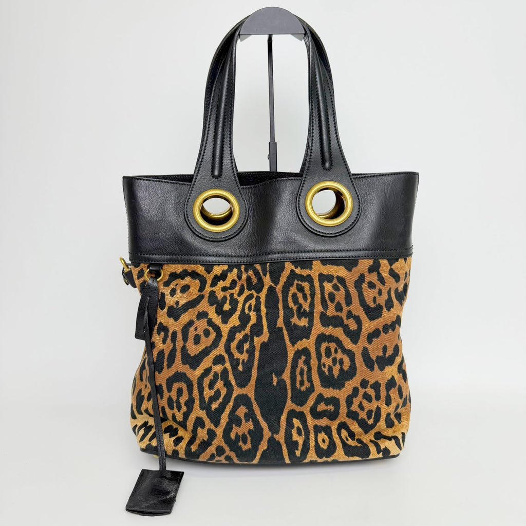 Saint Laurent Leopard Eyelet Handbag Calf Hair Leather Brown Black Gold Vintage — view 3